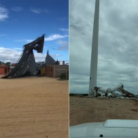 Ventania derruba cobertura de ginásio e parte de torre eólica em Galinhos