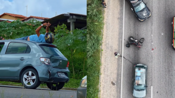 Motociclista bate na traseira de carro e fica sobre teto do veículo na BR-406